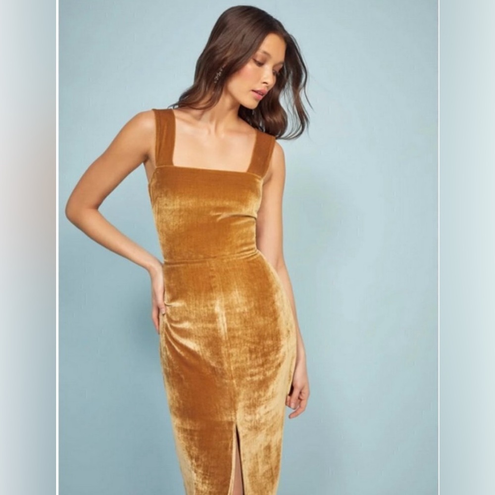 Reformation Gold Velvet Midi Dress - Picture 3 of 9